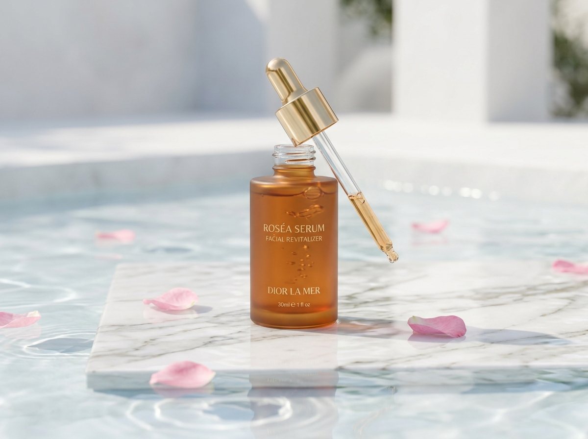 Kreoto AI - Botanical Face Serum on Calacatta Marble with Water Ripples