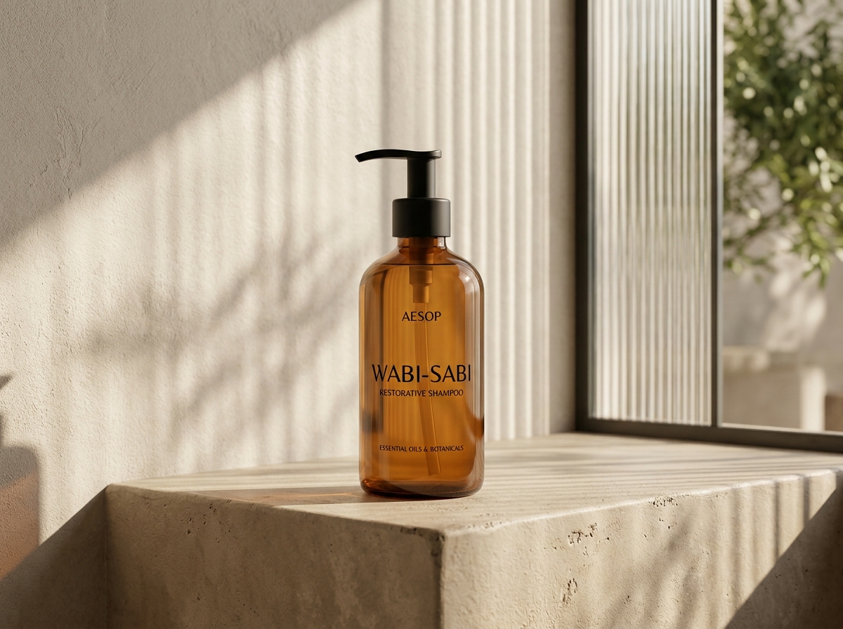 Kreoto AI - Haircare Shampoo Pump on Wabi-Sabi Micro-Cement Vanity