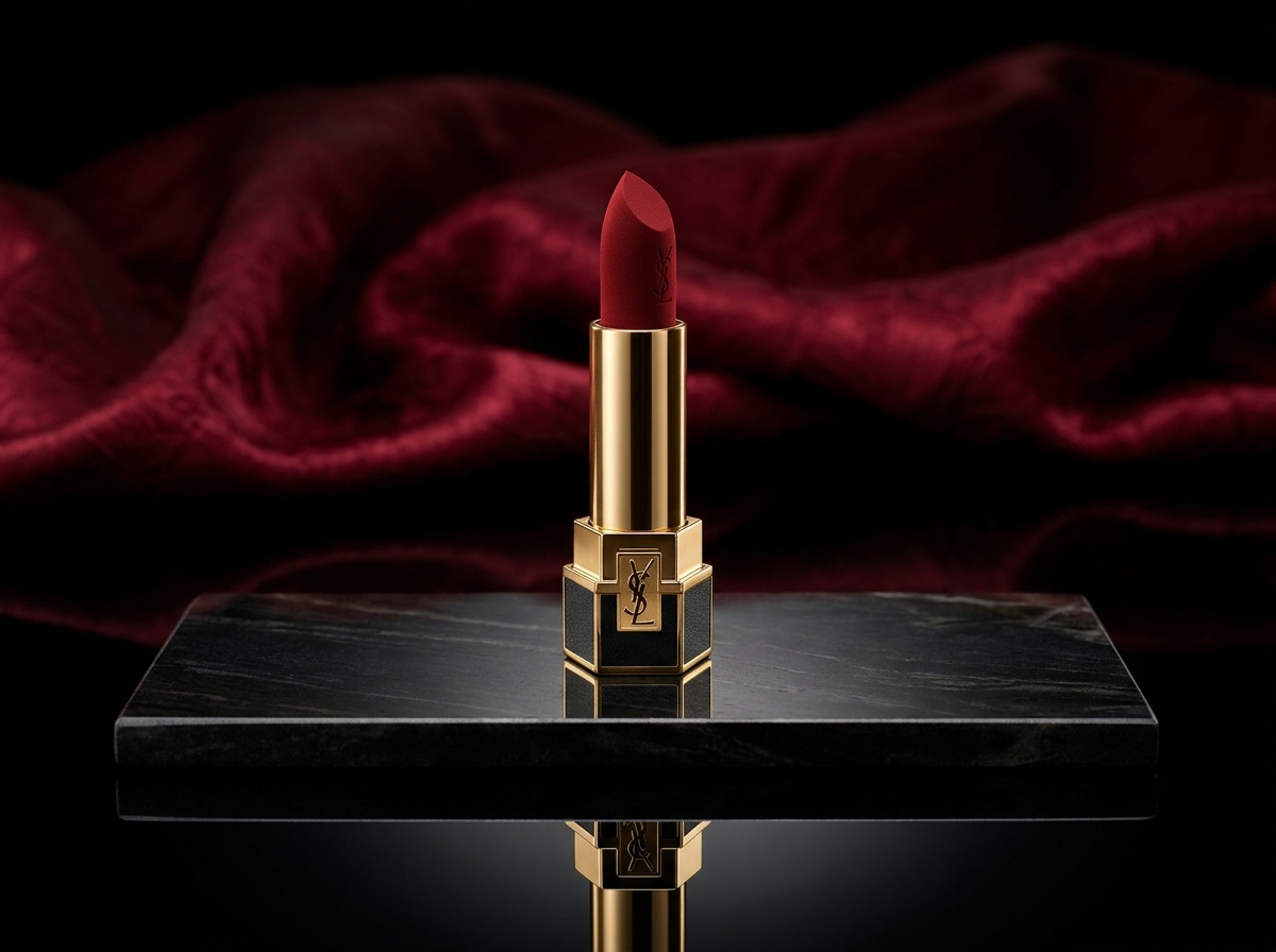 Kreoto AI - Velvet Red Lipstick on Obsidian Mirror with Crimson Silk