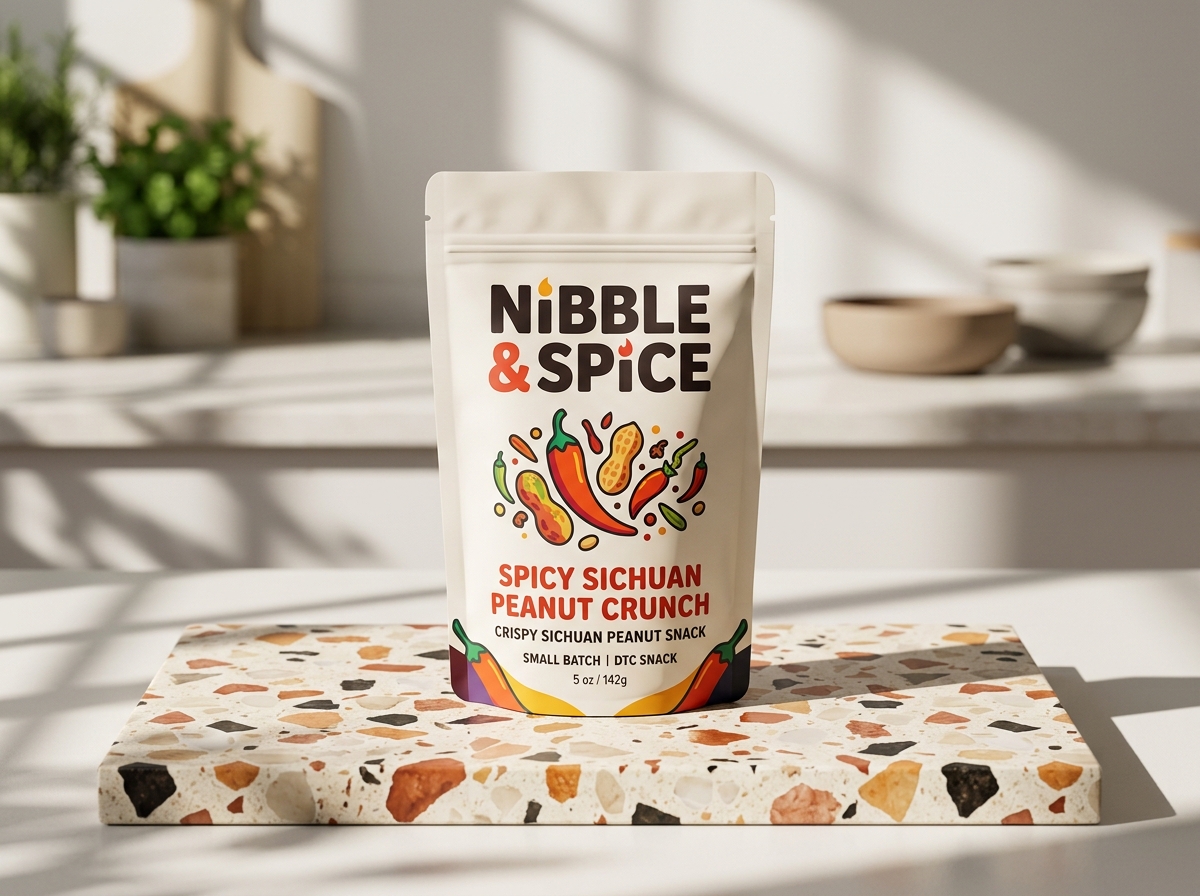 Kreoto AI - Gourmet CPG Snack Pack on Pastel Terrazzo with Sun Shadows