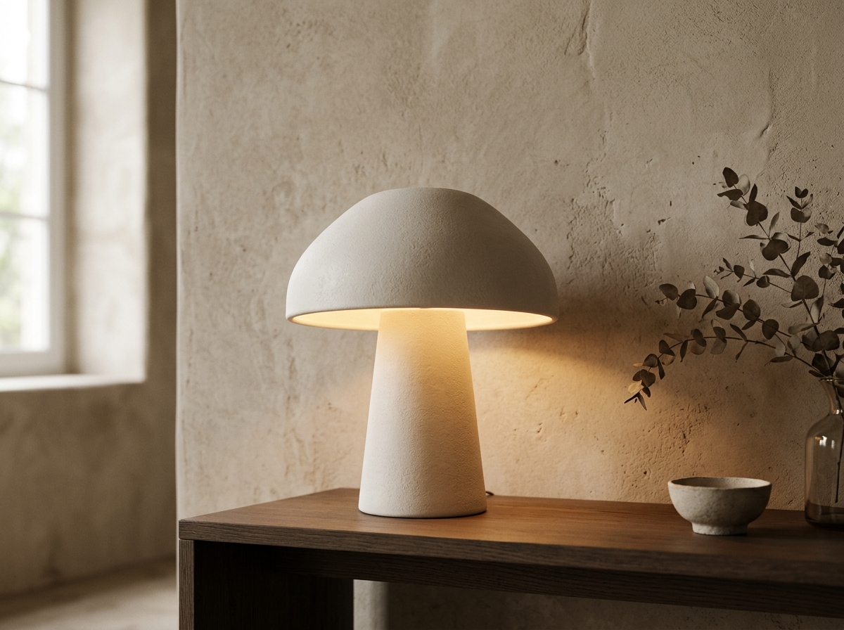 Kreoto AI - Ceramic Mushroom Table Lamp on Japandi Credenza with Warm Glow